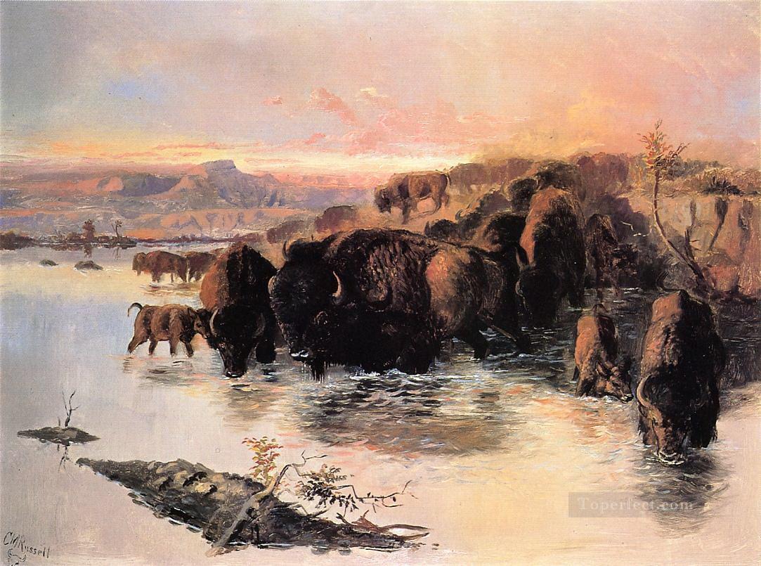 le troupeau de buffles 1895 Charles Marion Russell yak Peintures à l'huile